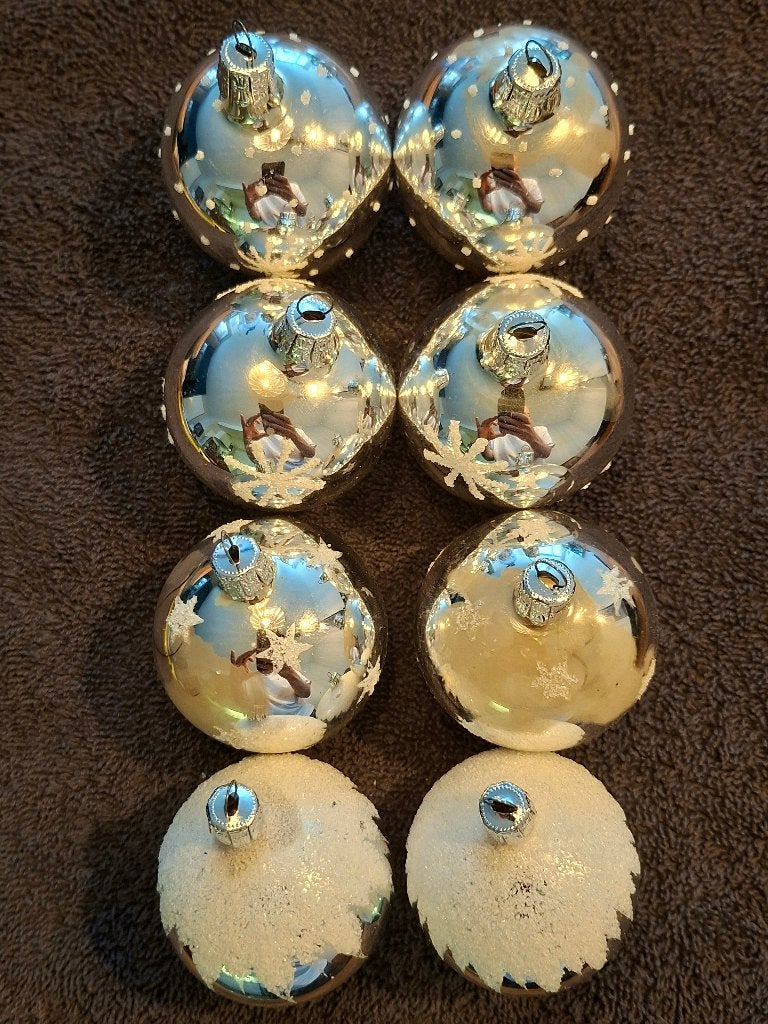 Set 8 vintage glazen kerstballen micasneeuw – GDR (6,5 cm), Ophalen of Verzenden, Gebruikt