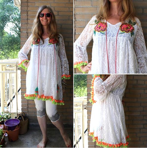 XL witte kanten tuniek Bohemian met pomponnetjes en borduur, Ophalen of Verzenden, Nieuw, Maat 46/48 (XL) of groter, Wit
