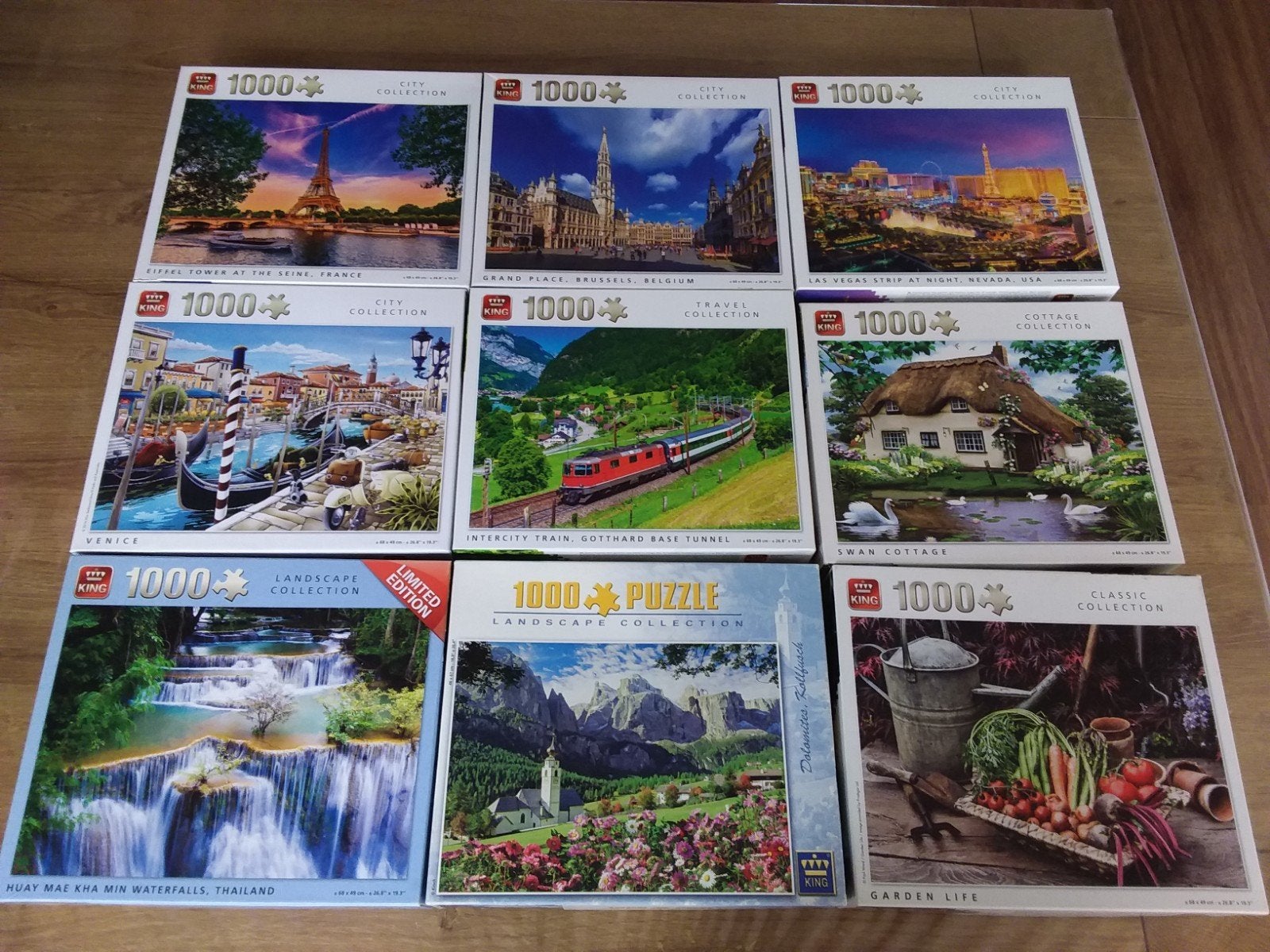 9 Puzzels van 1000 stukjes zie omschrijving, Ophalen of Verzenden, 500 t/m 1500 stukjes, Zo goed als nieuw, Legpuzzel