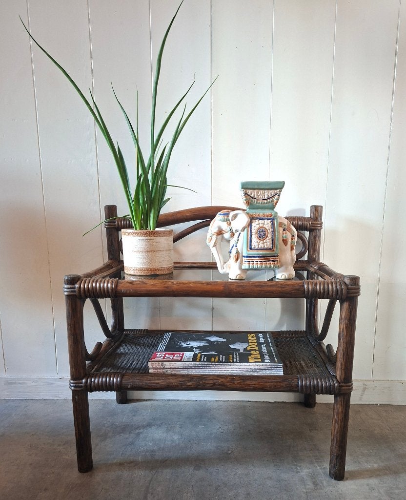 Set Vintage Rotan Bamboe bijzettafeltjes, Overige materialen, Vintage, 55 tot 75 cm, Zo goed als nieuw