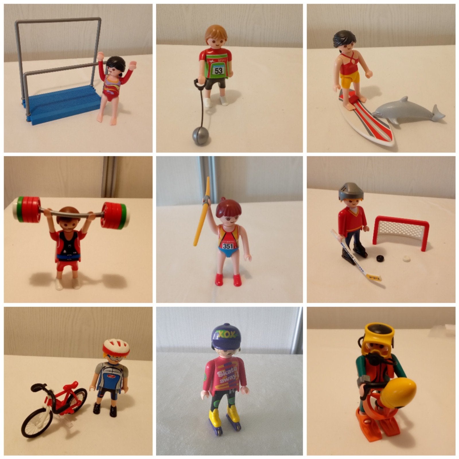 Playmobil sporters turnen, fietsen, surfen, gewichtheffen, Ophalen of Verzenden, Gebruikt