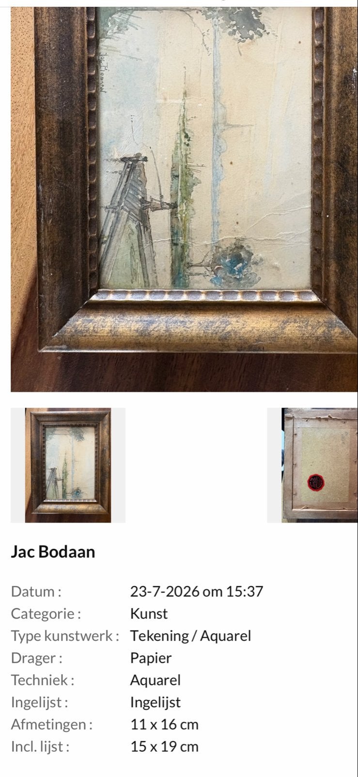 Aquarel van JAC Bodaan, ingelijst (15x19 cm), Antiek en Kunst, Ophalen of Verzenden, Tekening, Aquarel, Ingelijst