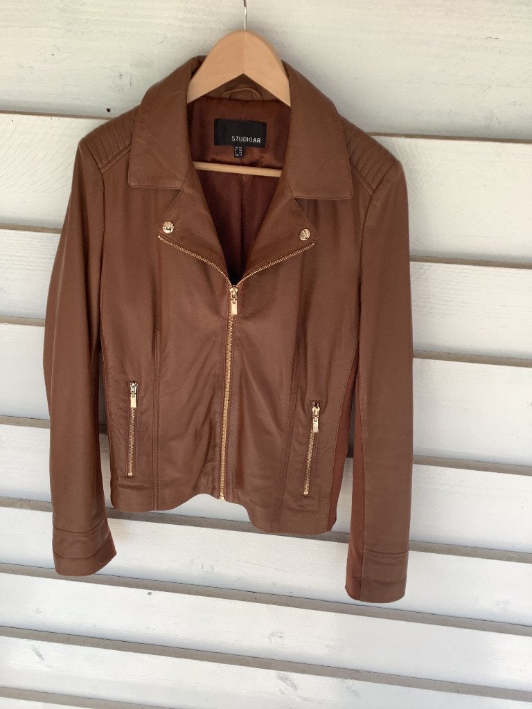 Leren jasje, biker model, cognac kleur, Studio Ar, maat 40, Kleding | Dames, Maat 38/40 (M), Bruin, Zo goed als nieuw, Studio Ar