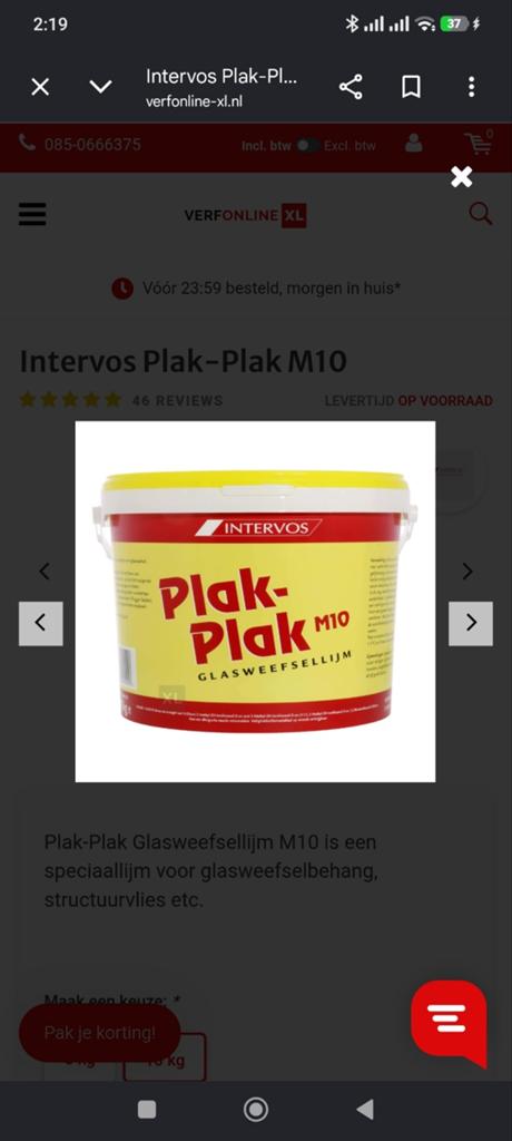 Intervos Plak-Plak M10   1 emmer Glasweefsellijm Nieuw, Ophalen of Verzenden, Nieuw, Wit