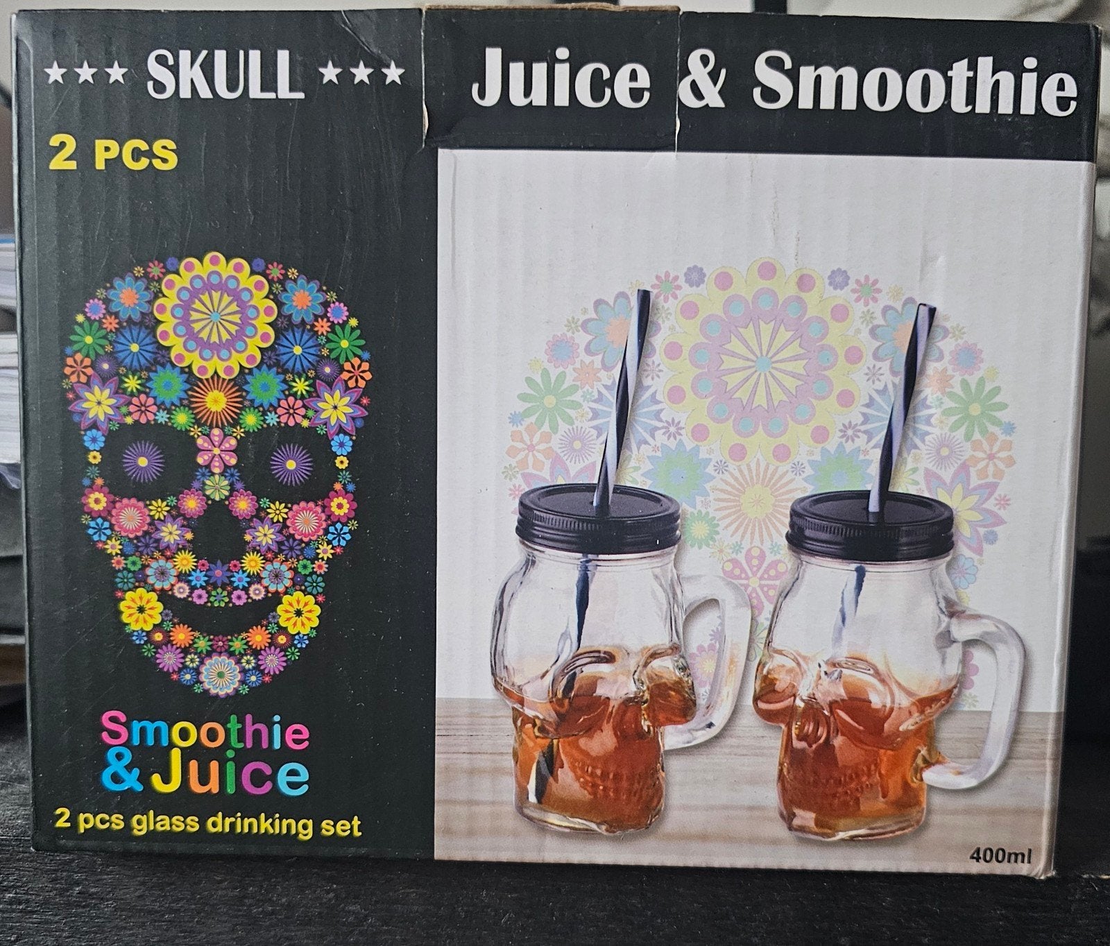 Nieuw - 2 stuks Skull Drinkglazen Doodshoofd met rietje, Nieuw, Ophalen of Verzenden, Zwart, Overige merken