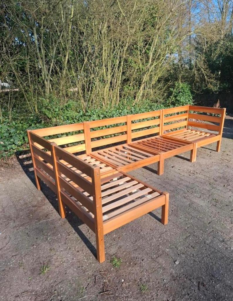 Leuke vintage modulaire bank van massief grenenhouten, Gebruikt, Ophalen of Verzenden, Loungeset, Bank