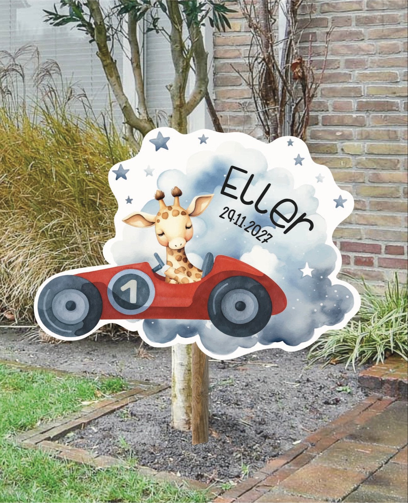 Geboortebord Giraf in Raceauto - Raamsticker/Raambord, Ophalen of Verzenden, Nieuw, Geboortebord