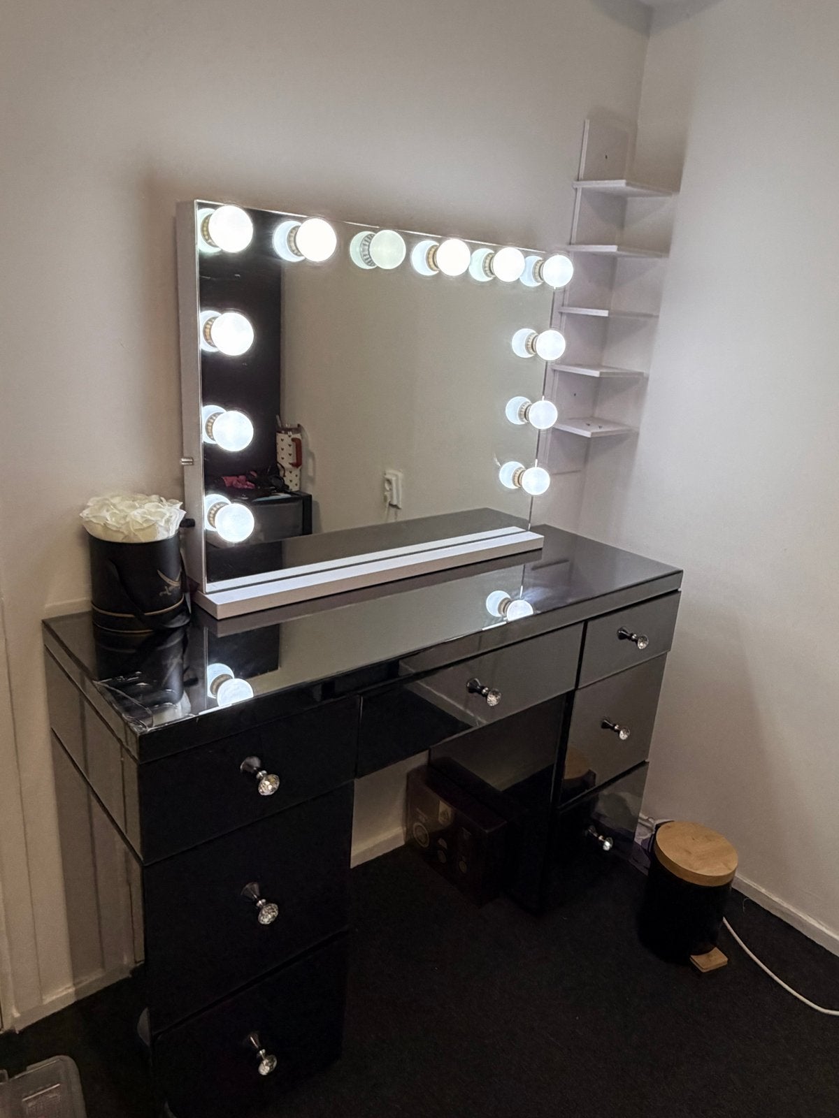 Zwarte kaptafel met spiegel en verlichting, Ophalen, Gebruikt, 100 tot 150 cm, 50 tot 100 cm