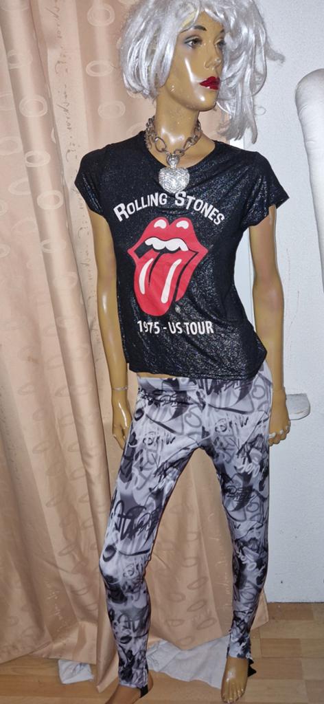 Rolling Stones T-shirt 1975 US Tour - Zwart met glitter 36, Kleding | Dames, Zwart, Ophalen of Verzenden, Zo goed als nieuw, Korte mouw