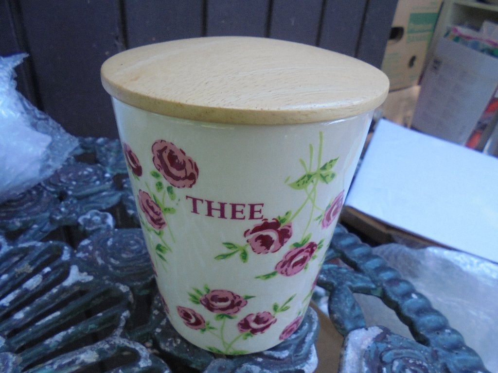 Voorraadpot THEE met roze roos, Antiek en Kunst, Ophalen of Verzenden