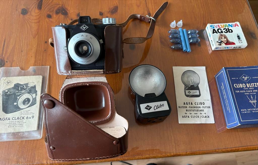 Vintage Agfa Clack 6x9 camera met accessoires, Ophalen of Verzenden, Gebruikt, Compact, Overige Merken