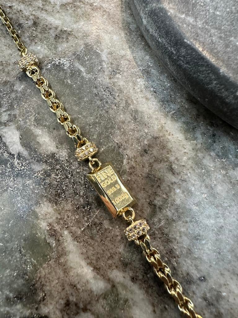 14k Gouden Armband met 'Fine Gold' Baar Design, Ophalen of Verzenden, Nieuw, Goud, Met kristal