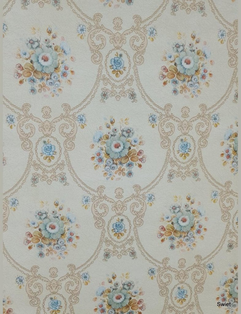 13973 Barok behang pastelblauw bloem klassiek vintage swiet, Huis en Inrichting, Ophalen of Verzenden, Minder dan 10 m², Bruin