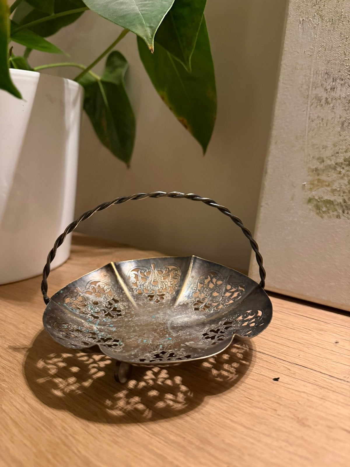 Vintage verzilverd bonbonmandje sieraad schaaltje, Antiek en Kunst, Ophalen of Verzenden, Zilver