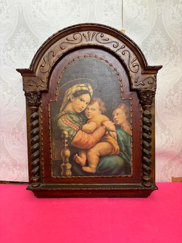 Oud vintage religieus schilderij religie christendom hout, Ophalen of Verzenden