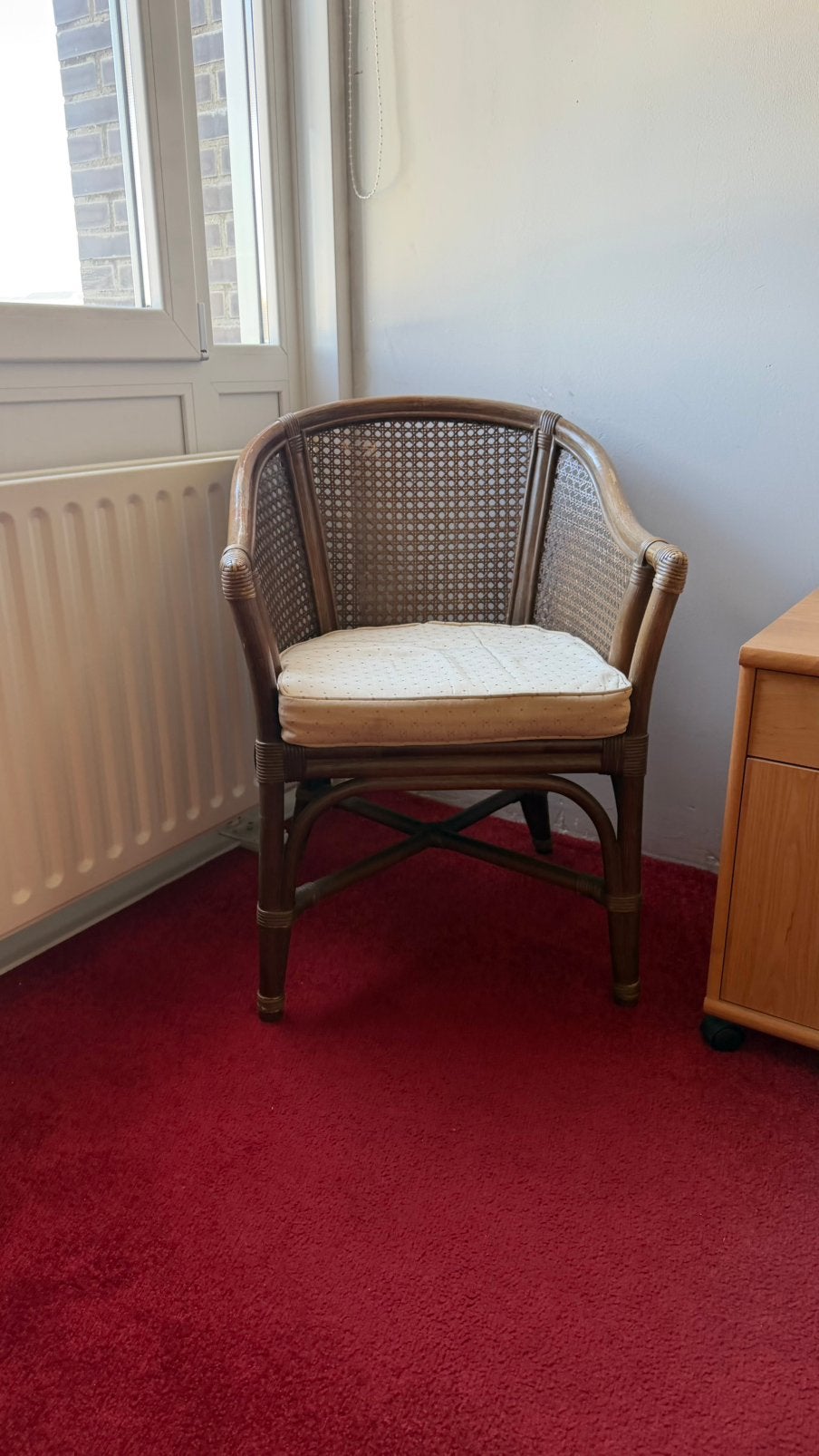 Vintage Rotan / Rieten Fauteuil met Webbing en Zitkussen, Ophalen