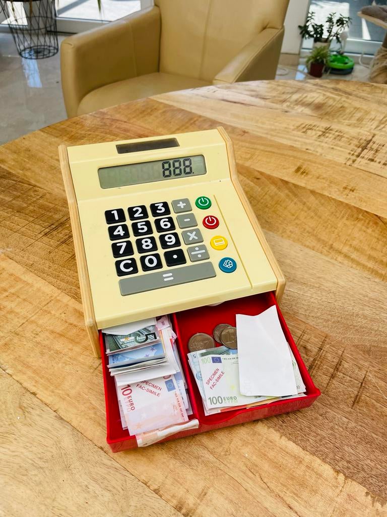 Houten speelgoed kassa met geld en rekenmachine, Ophalen, Gebruikt, Jongen of Meisje