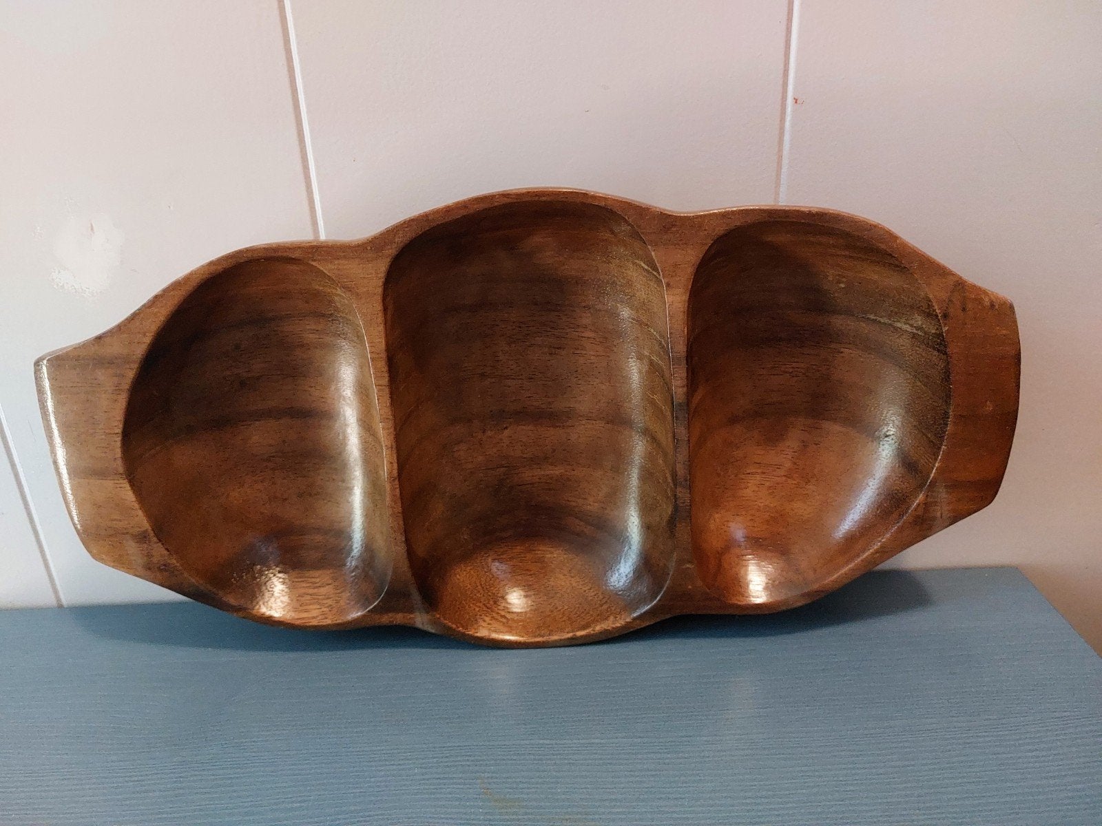 Vintage houten snackschaal vakkenschaal jaren 70, Gebruikt, Schaal, Ophalen of Verzenden, Overige vormen