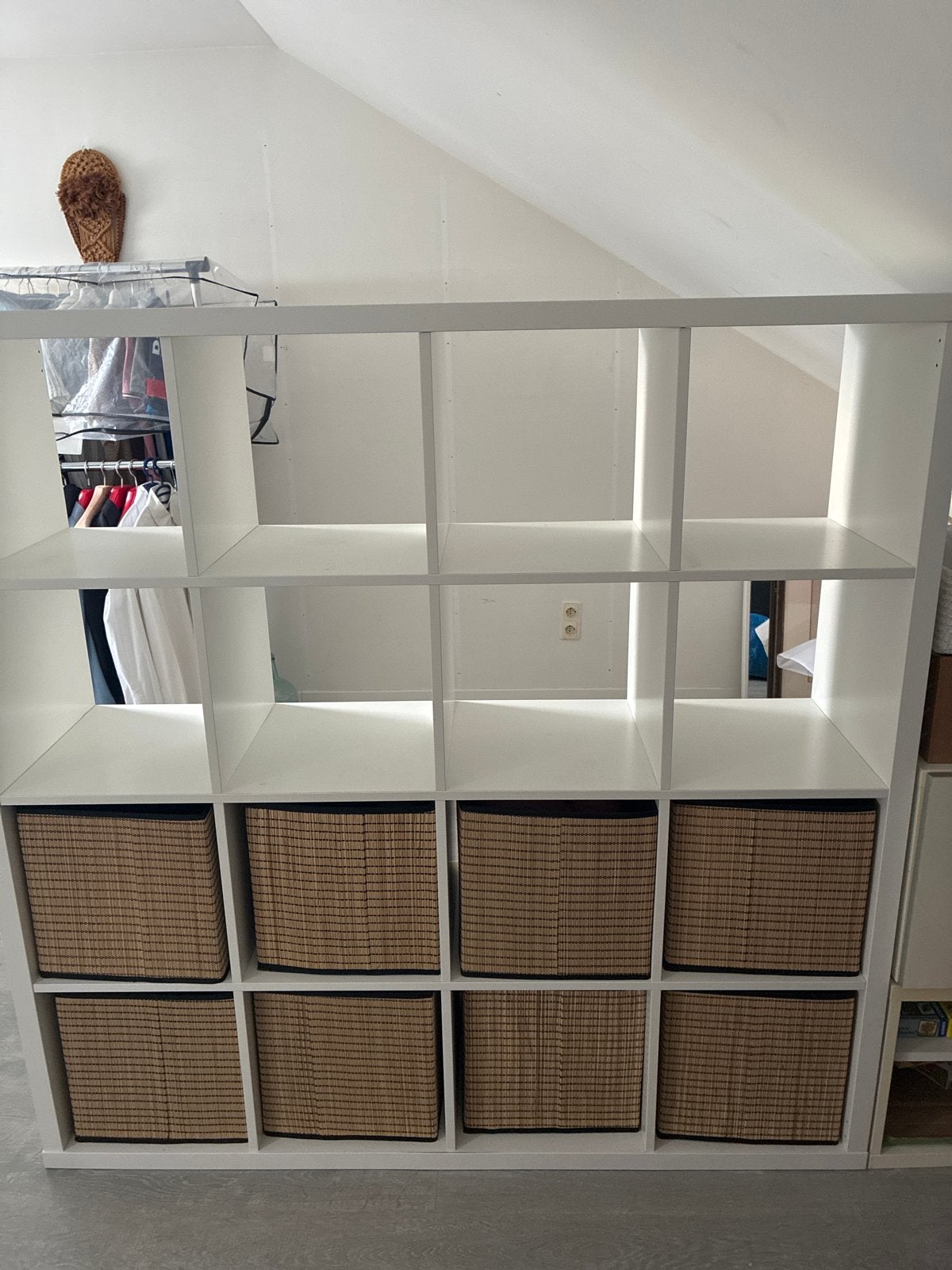 IKEA Kallax Kast 4x4 met 8 rieten manden, Ophalen, Gebruikt, 100 tot 150 cm, 25 tot 50 cm
