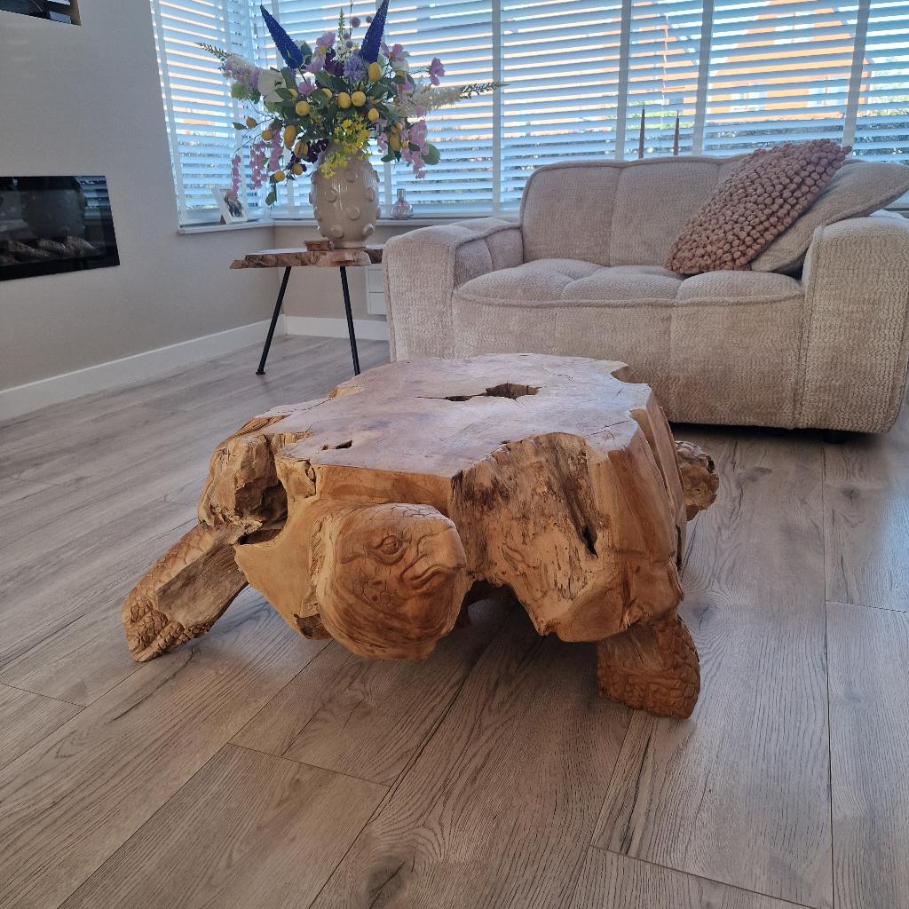 Salontafel schildpad teak, Ophalen, Minder dan 45 cm, 55 tot 75 cm, Zo goed als nieuw