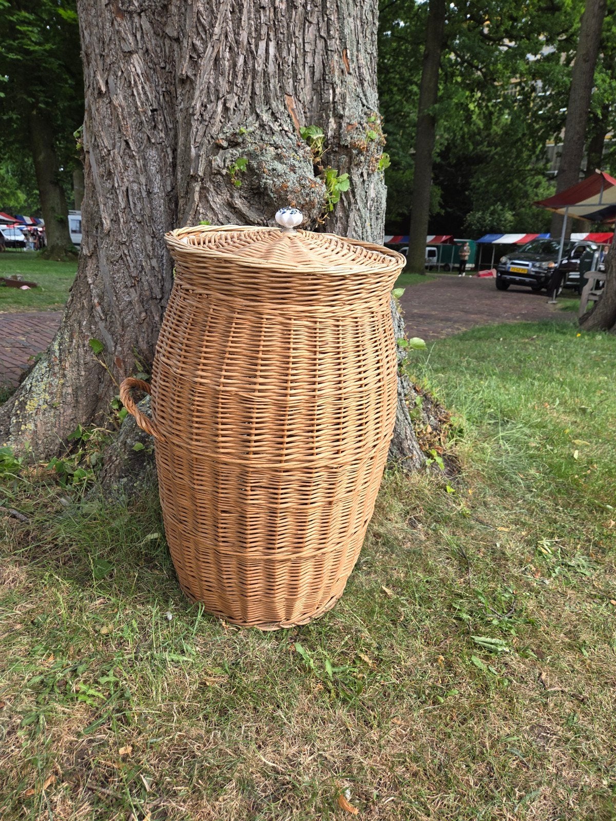 Hoge rieten (was)mand met deksel, Ophalen, Gebruikt, Rechthoekig, Riet