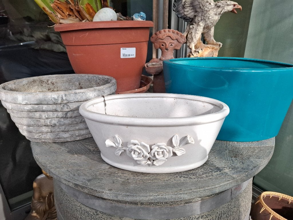 OVALE PLANTENPOTTEN 3 STUKS, Gebruikt, Ophalen of Verzenden, Overige vormen, Aardewerk