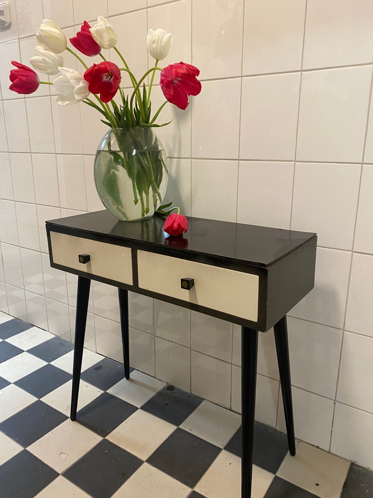 Prachtige vintage console tafel of bijzettafel met 2 lades, 50 tot 100 cm, Ophalen of Verzenden, Zo goed als nieuw, 25 tot 50 cm