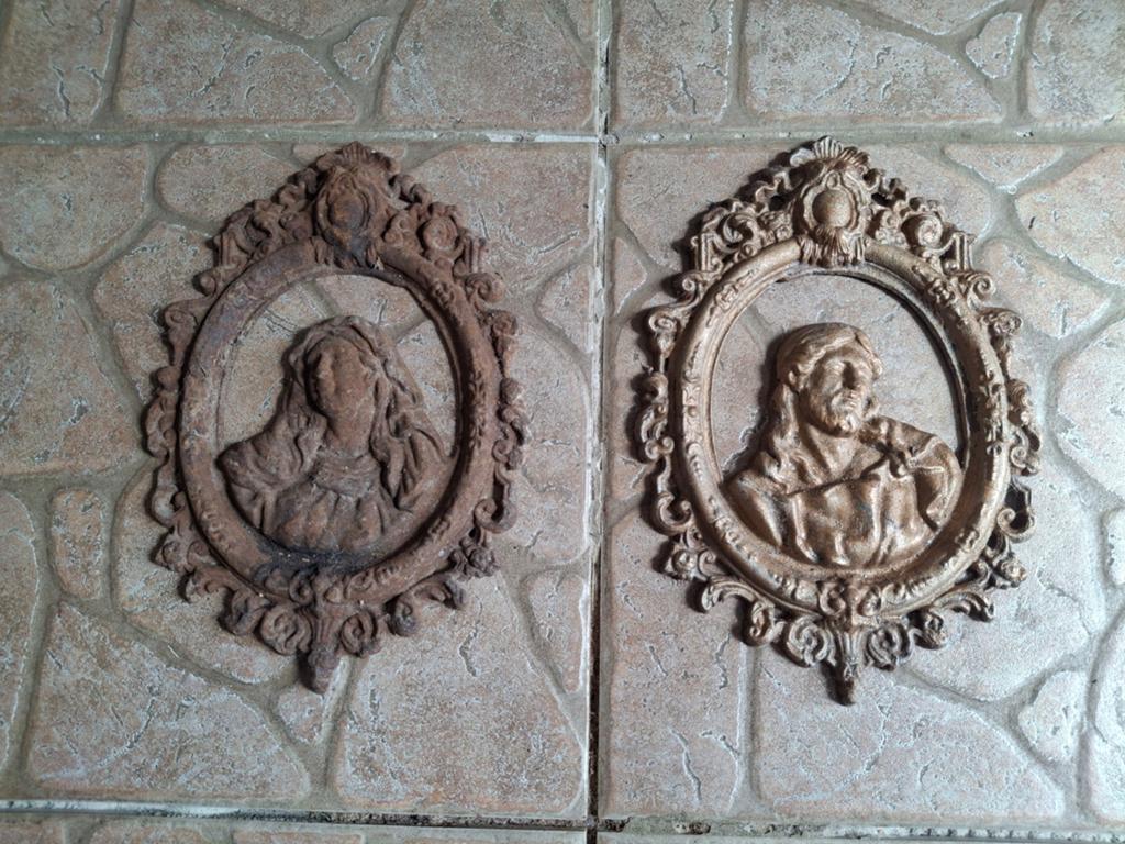 Set Prachtige oude gietijzeren Jezus en Maria wanddecoratie, Ophalen of Verzenden