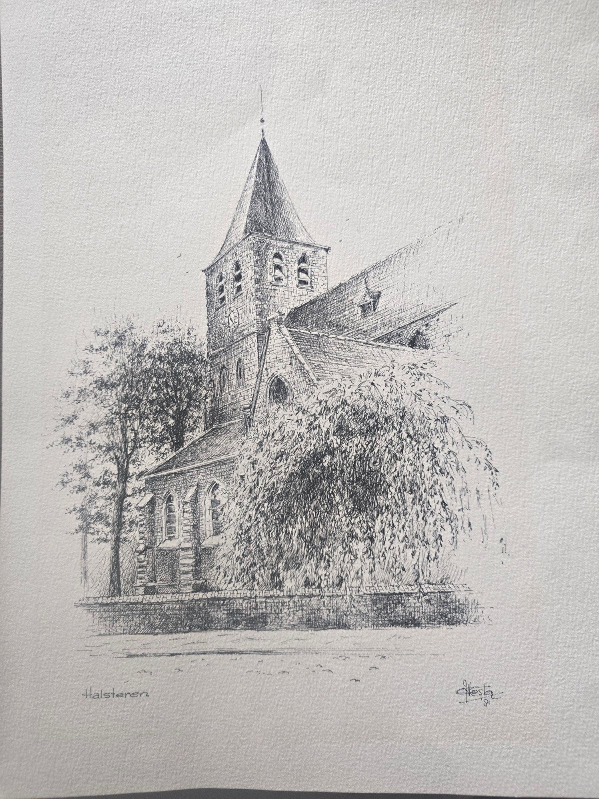Pentekening kerk Halsteren, Antiek en Kunst, Ophalen of Verzenden