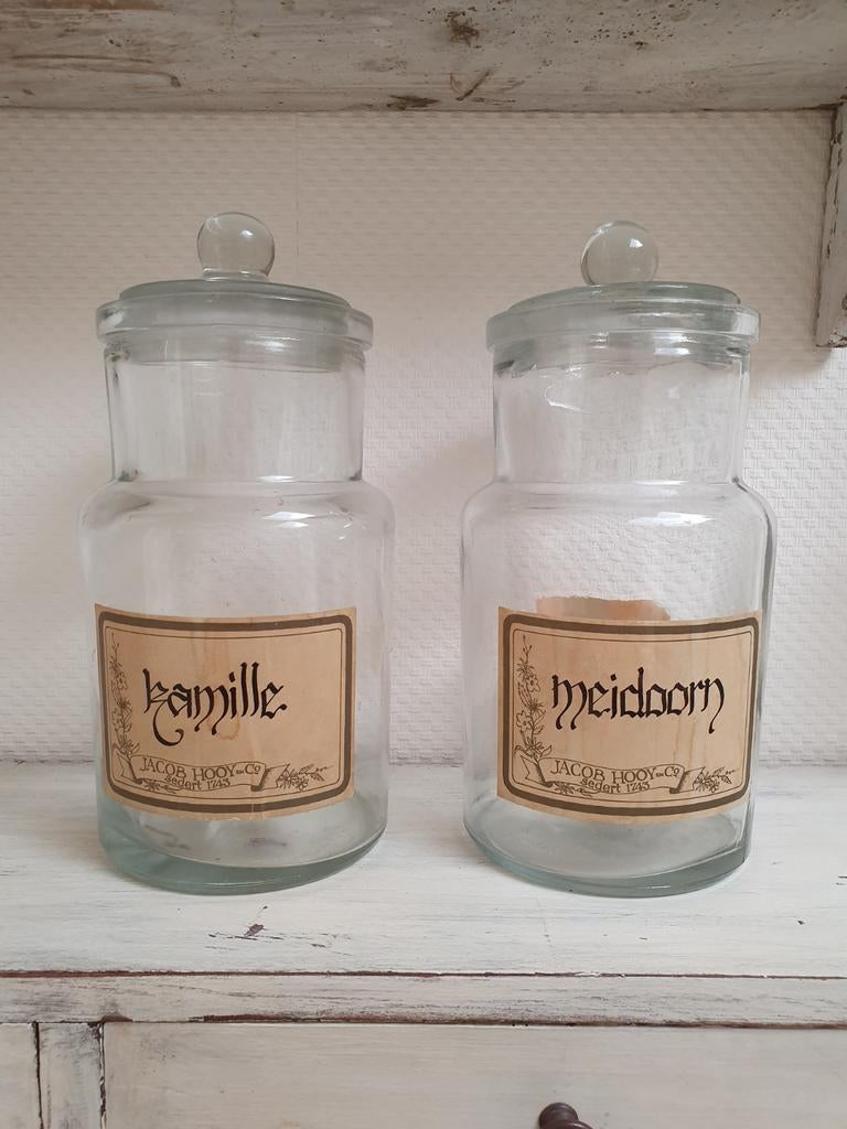 Set/2 zéér oude, glazen apothekerspotten / kruidenpotten, Ophalen