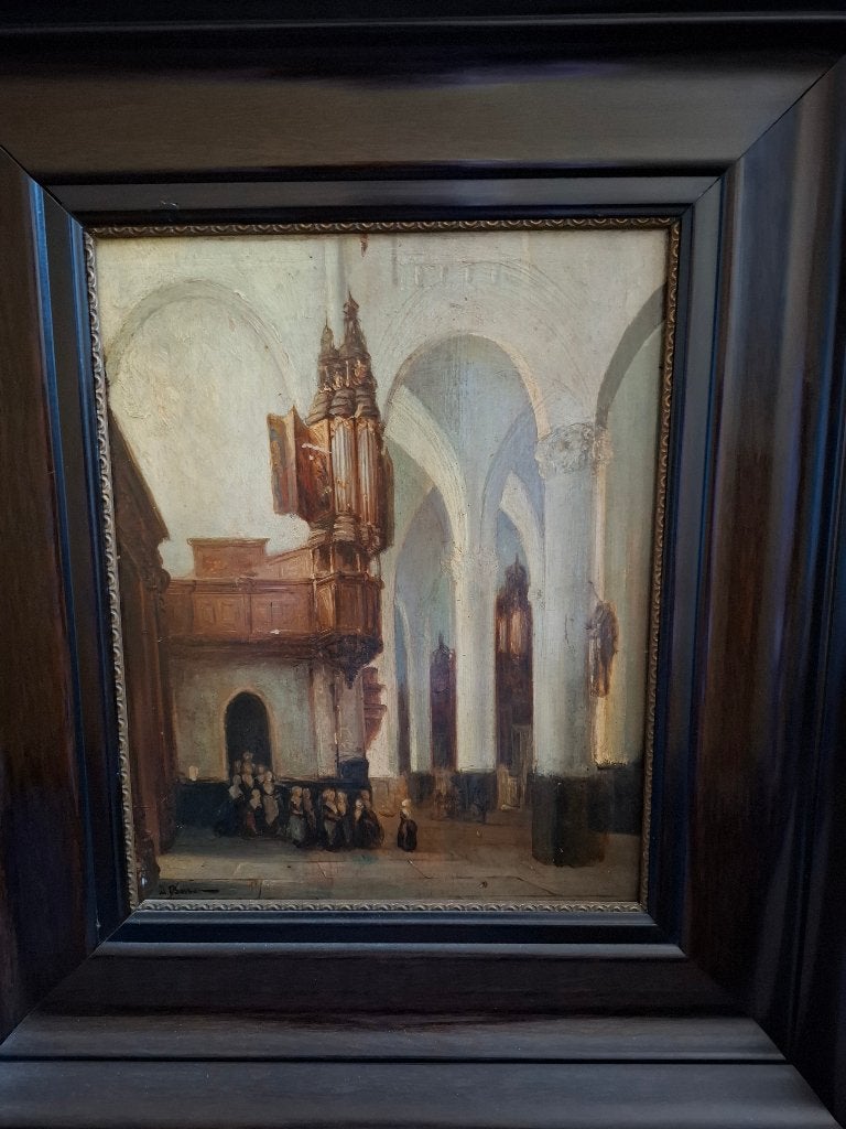 Schilderij van kerk interieur., Antiek en Kunst, Kunst | Schilderijen | Klassiek, Ophalen of Verzenden