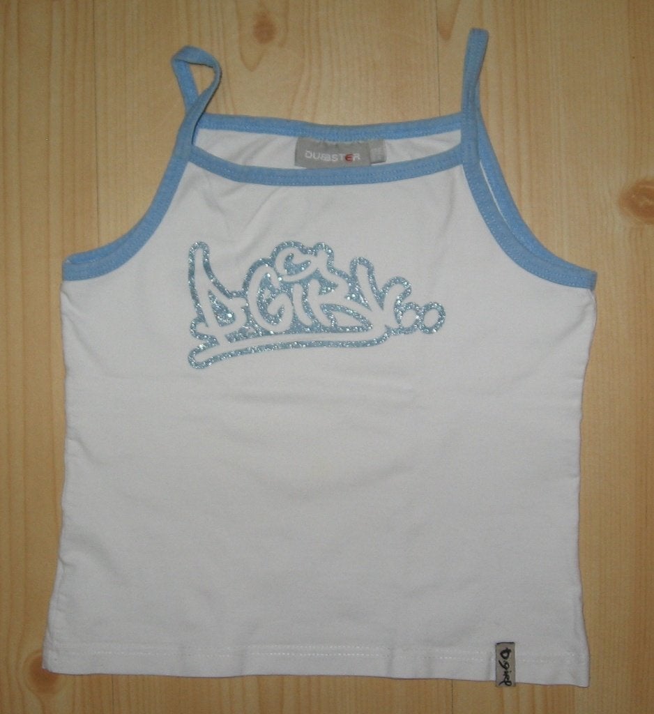 Dubbster topje maat 128 met opdruk. Van katoen en elasthan., Gebruikt, Meisje, Ophalen of Verzenden, Shirt of Longsleeve