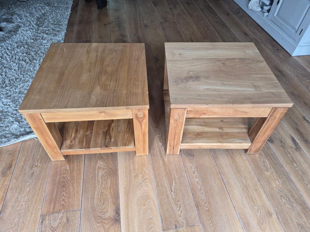 2 Teakhouten bijzet/salontafels, Huis en Inrichting, Tafels | Bijzettafels, Ophalen, Minder dan 45 cm, Vierkant, 55 tot 75 cm