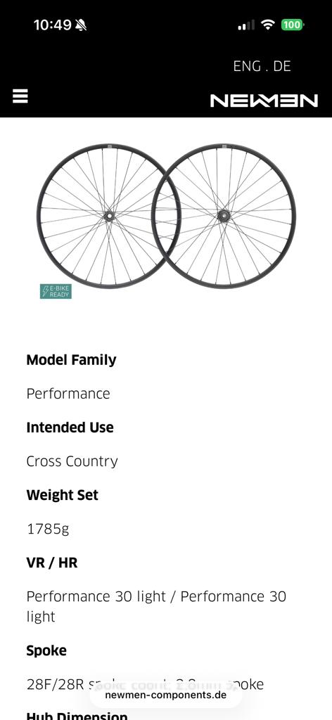 Newmen Performance 30 XC Wielset - Zo goed als nieuw, Wiel, Ophalen of Verzenden, Zo goed als nieuw, Aluminium