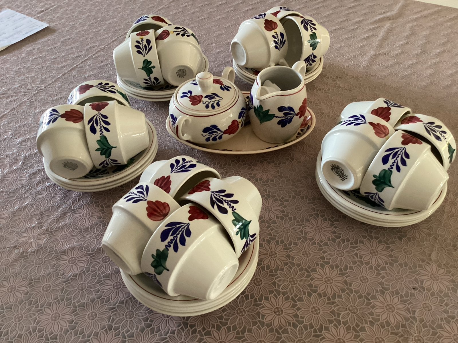Boerenbont koffieservies - en suiker en melk., Gebruikt, Landelijk/Boerenbont, Ophalen of Verzenden, Kop(pen) en/of Schotel(s)