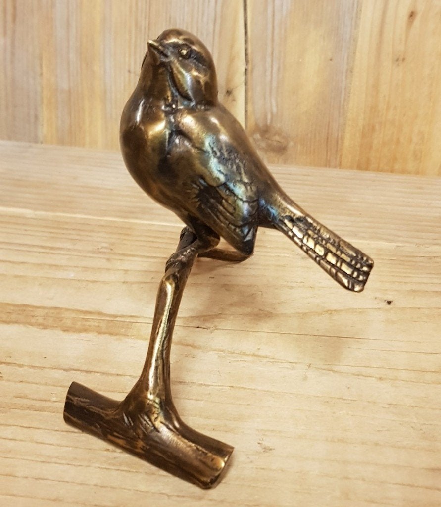 1 MUS OP TAK / Bronzen tuinbeeld / vogel, Dierenbeeld, Nieuw, Info@huisentuindecoratiemarie.nl, Huis en tuin decoratie marie