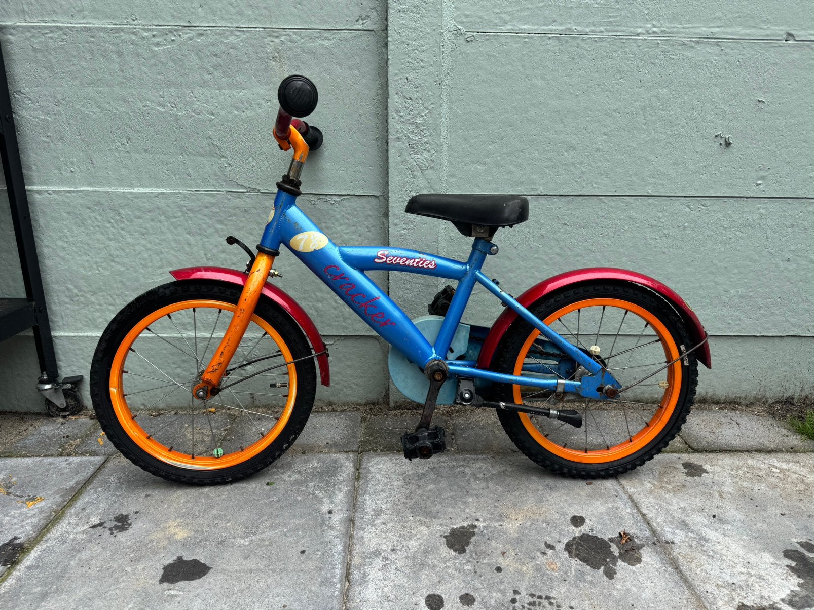 Kinderfiets 16 inch - Blauw/Oranje - Gebruikt, Fietsen en Brommers, Fietsen | Kinderfietsjes, Ophalen, Gebruikt, Velgrem, 16 tot 20 inch