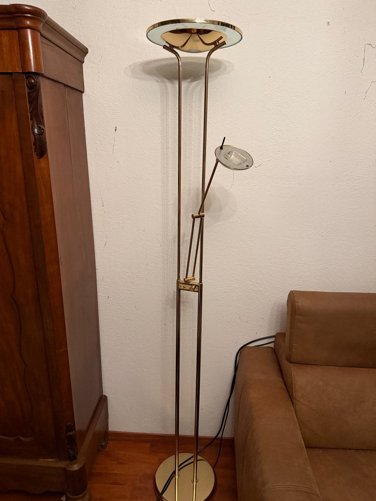Stijlvolle messing vloerlamp met leeslamp, Ophalen of Verzenden, Zo goed als nieuw, Metaal, 150 tot 200 cm