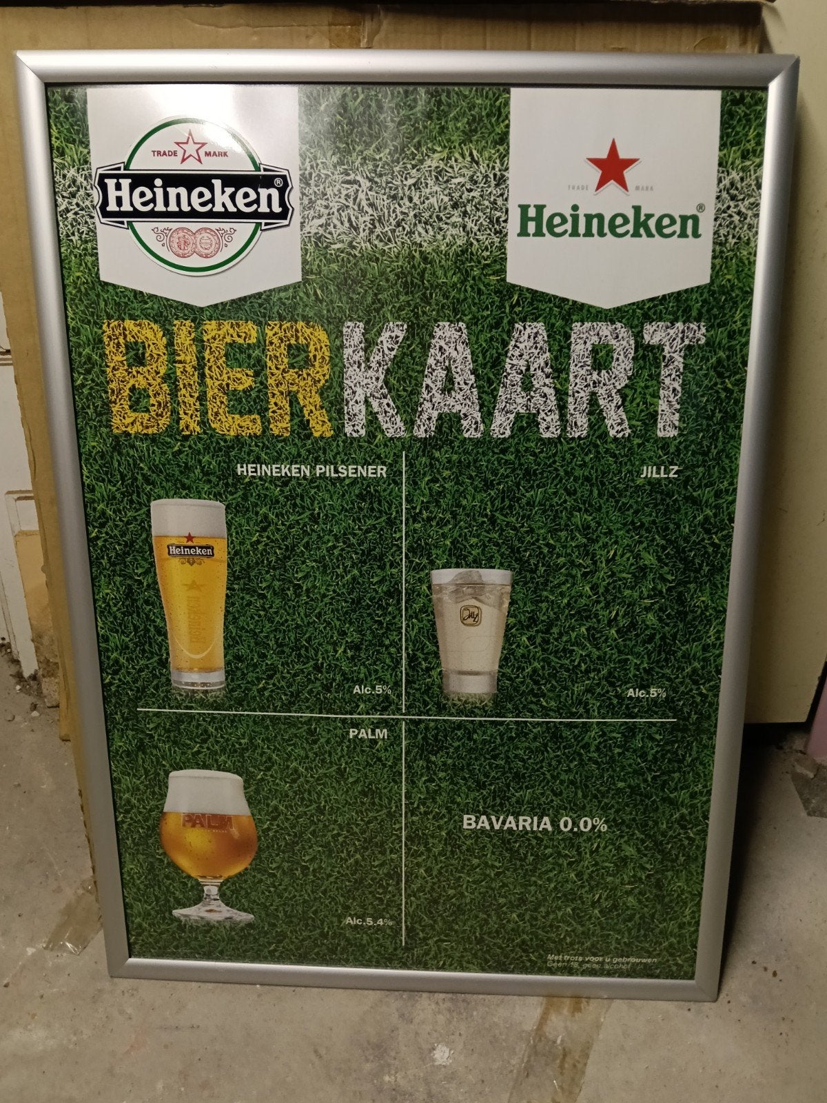 Heineken Bierkaart Reclamebord - met aluminium lijst, Verzamelen, Biermerken, Ophalen