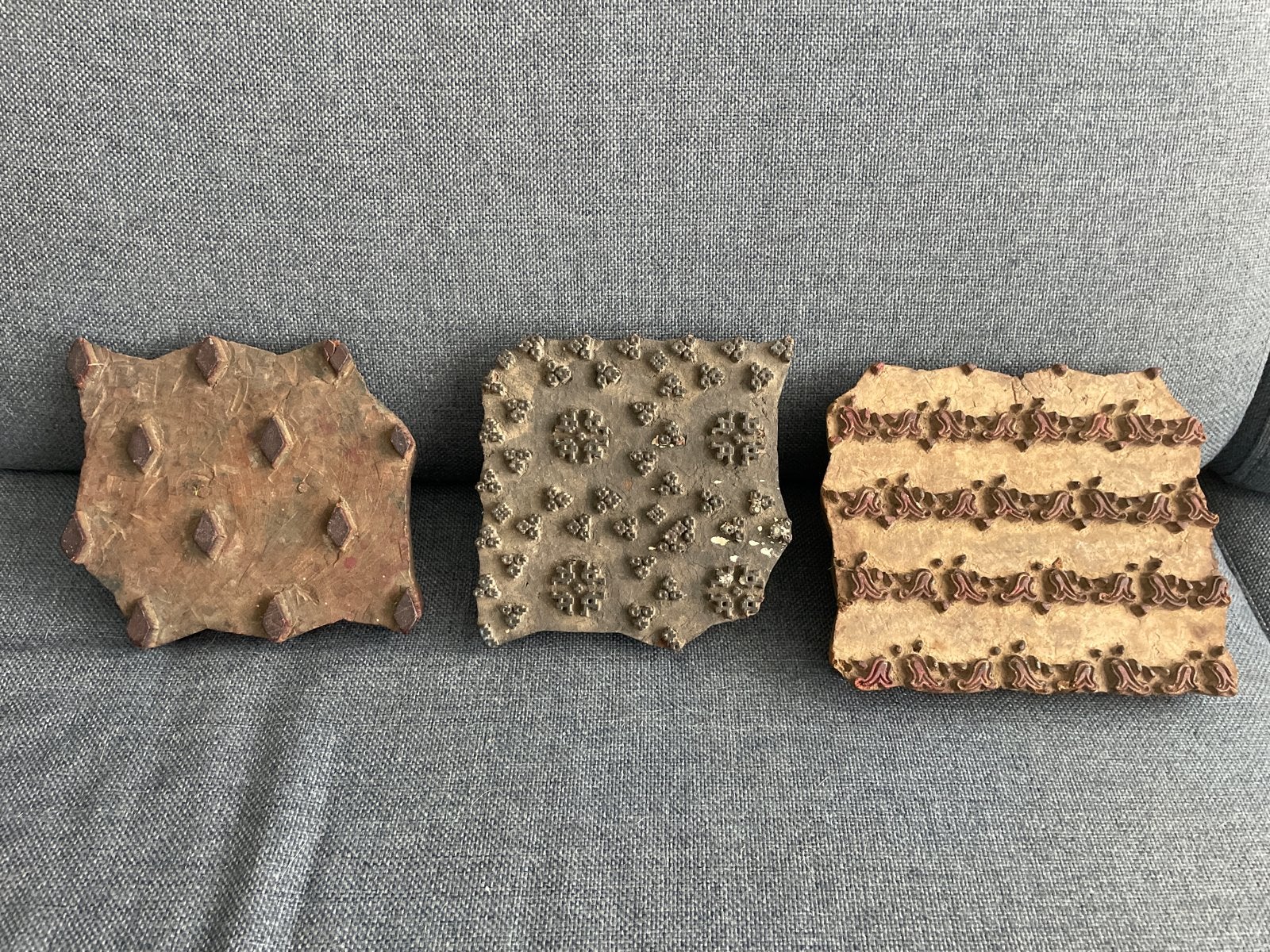 Vd Set van 3 Houten Textiel Stempels / Blokdrukken India, Ophalen of Verzenden
