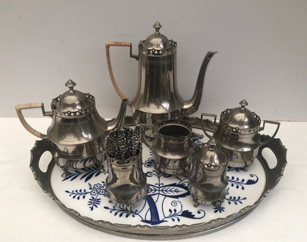 6 Dlg zilvertin Koffie/Thee servies op zwiebelmust dienblad, Ophalen of Verzenden