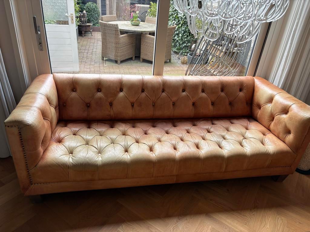 Chesterfield bank + fauteuil (model Boston, cognac), Minder dan 75 cm, Driepersoons, Leer, Zo goed als nieuw