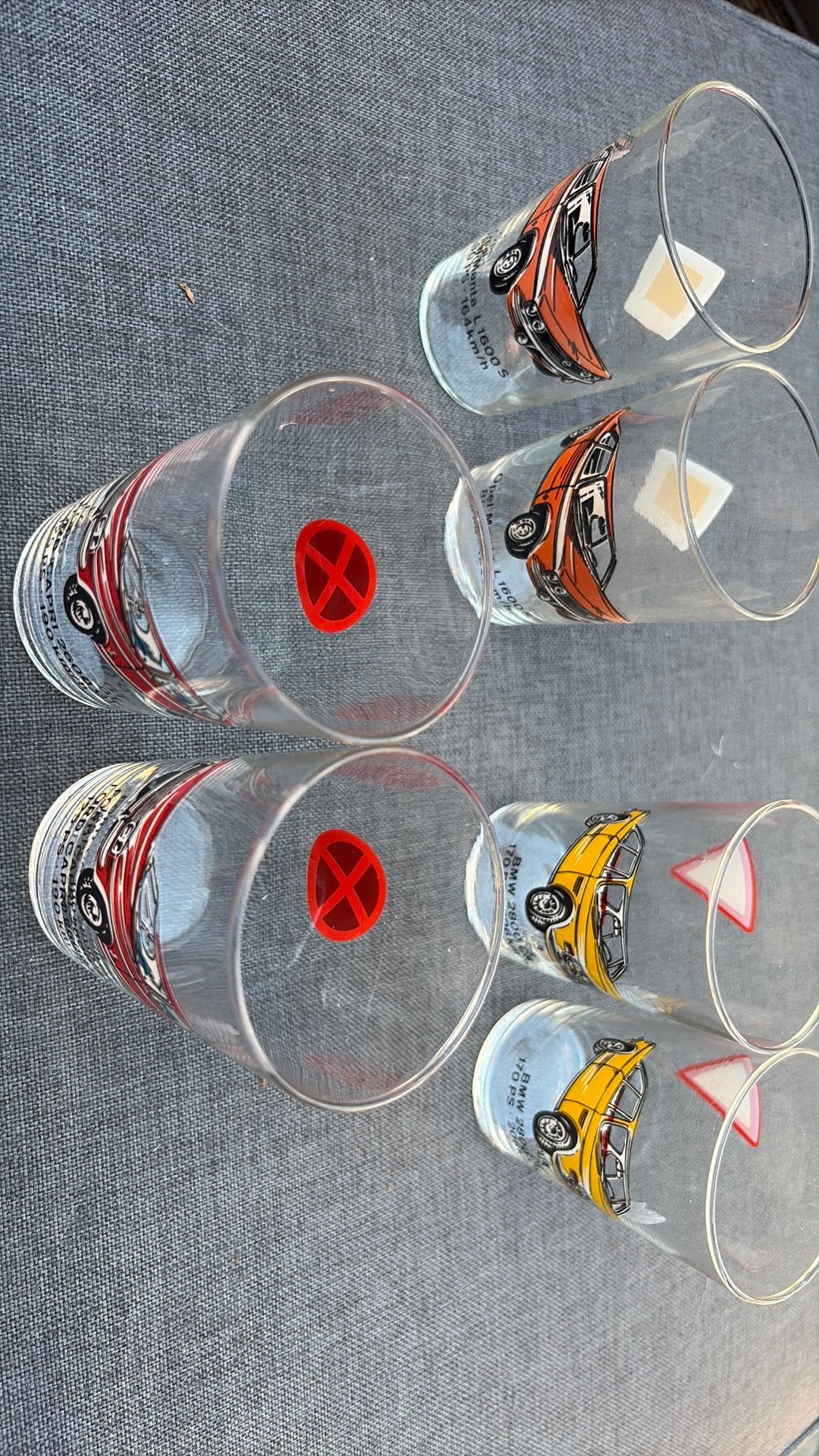 Set van 6 vintage Duitse drinkglazen met oude auto’s, Ophalen of Verzenden, Zo goed als nieuw