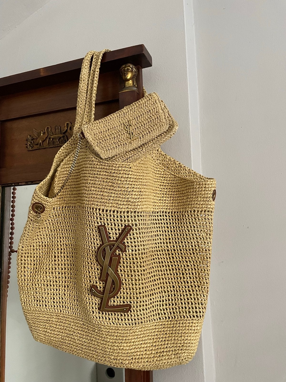 Saint Laurent Raffia Shopper met Pouch, Ophalen of Verzenden, Zo goed als nieuw, Beige, Shopper