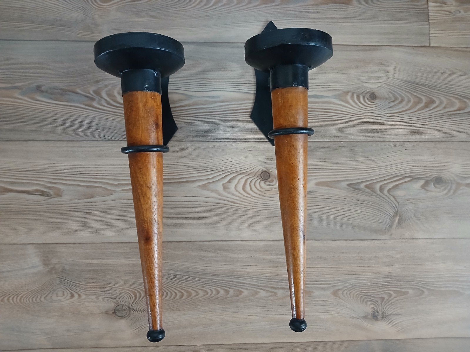 Set van 2 Vintage Houten en Metalen Wandfakkels, Ophalen of Verzenden