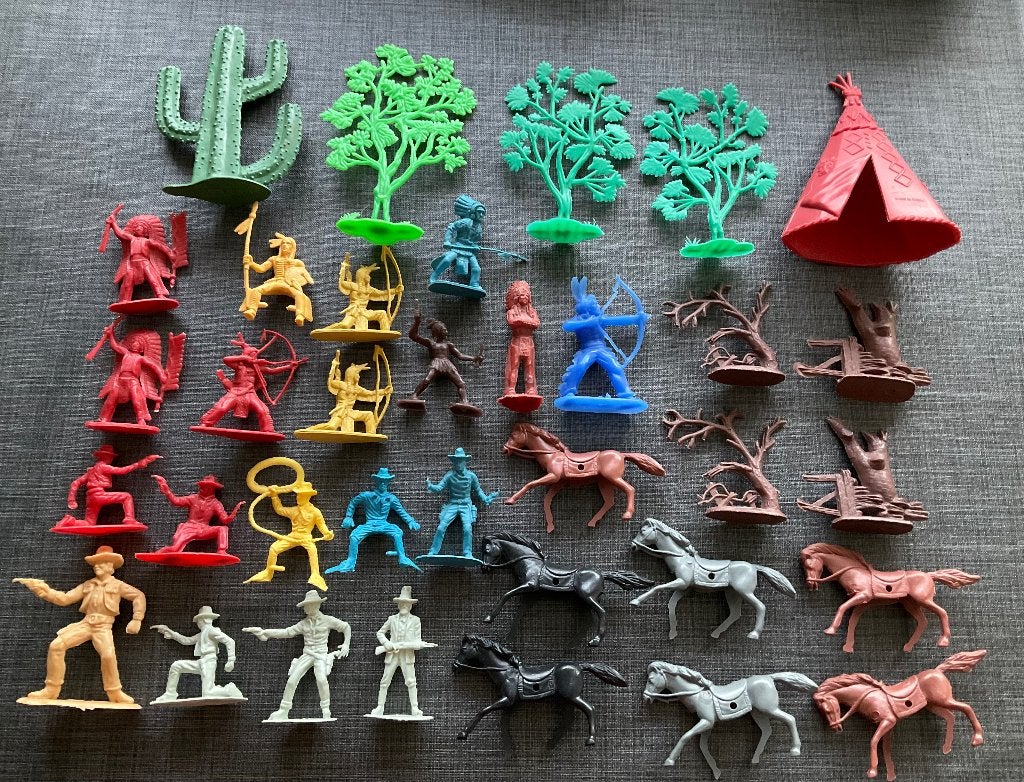 Plastic Indiaanen en Cowboys Paarden Bomen Kaktus Tent, Ophalen, Gebruikt