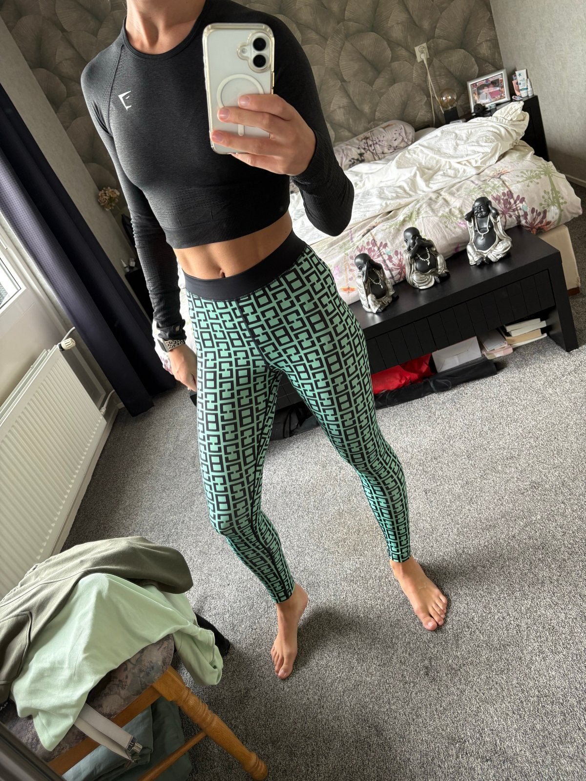 Mintgroene sportlegging met patroon, Verzenden, Maat 36 (S), Groen, Fitness of Aerobics
