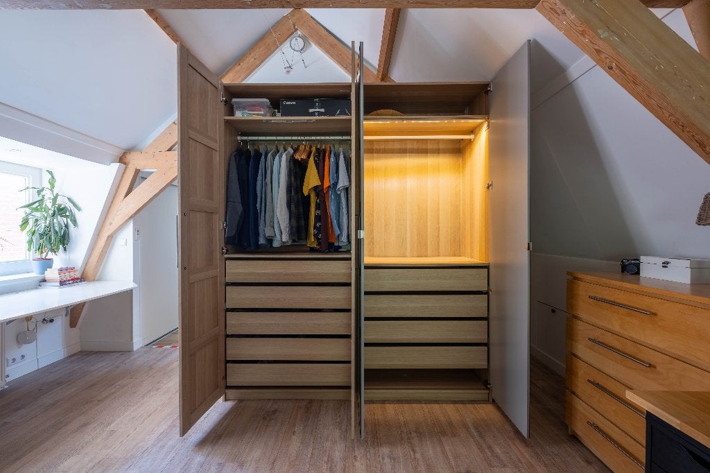 IKEA PAX 200 cm eikenlook met 9 laden en spiegeldeuren, 200 cm of meer, Eikenhout, 50 tot 100 cm, 50 tot 75 cm