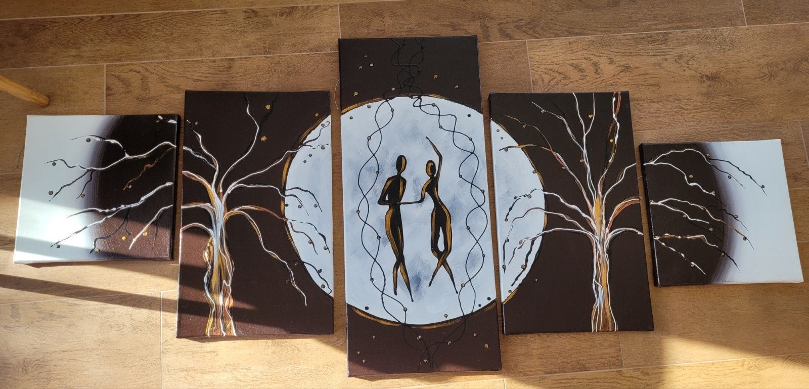 Abstracte 5-delige Canvas Set - Dansende Figuren & Bomen, Ophalen