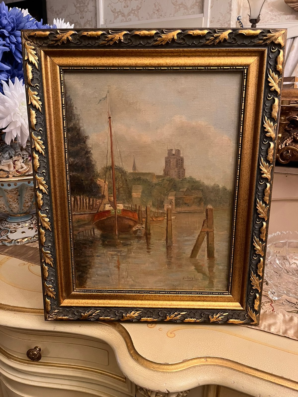 Antiek olieverf stadsgezicht schilderij, Ophalen of Verzenden
